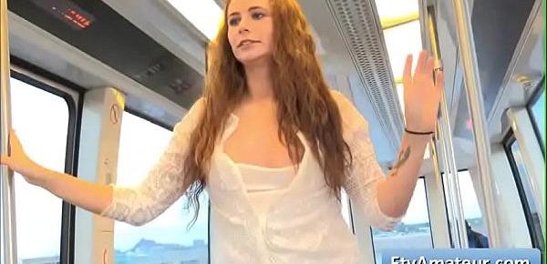  Sexy kinky blonde amateur teen Aveline masturbate in the subway and enjoys it very much